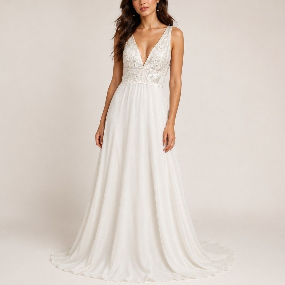 Lulus Wedding Dress XS‎ White Floral Embroidered Chiffon Maxi V-Neck Formal